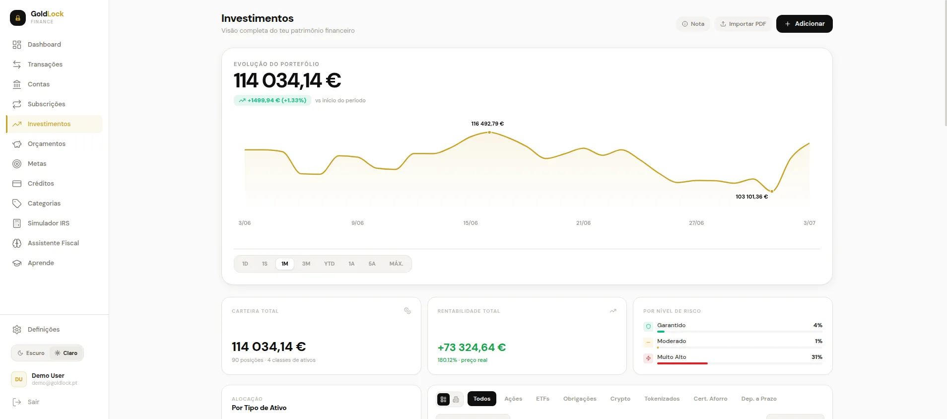 Página de investimentos do GoldLock com evolução do portefólio e gráfico de um mês