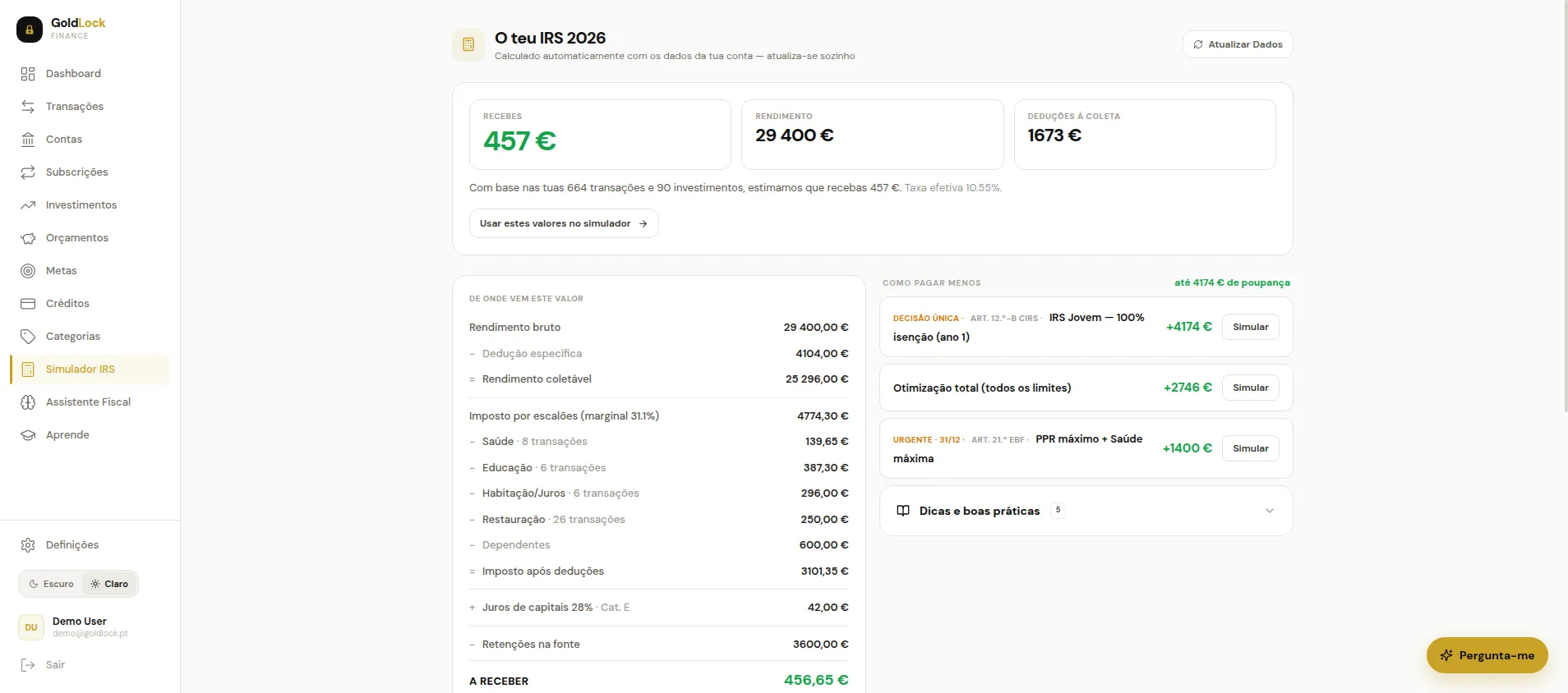 Simulador IRS do GoldLock: decomposição do imposto e sugestões para pagar menos