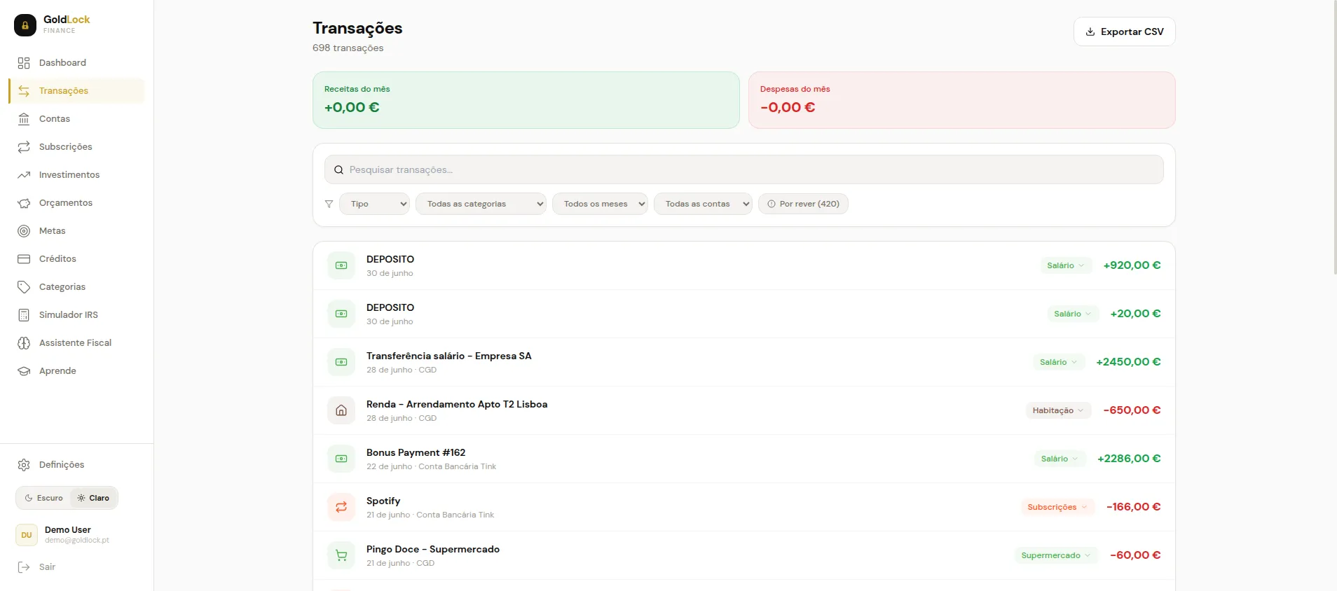 Lista de transações do GoldLock com categorias atribuídas automaticamente